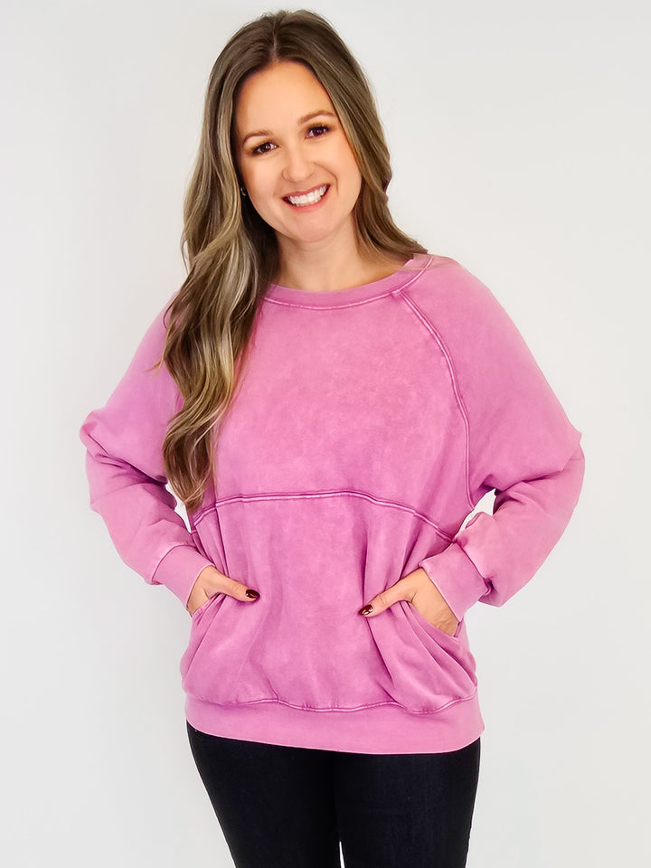 LONG SLEEVE MINERAL WASHED TERRY PULLOVER - ORCHID