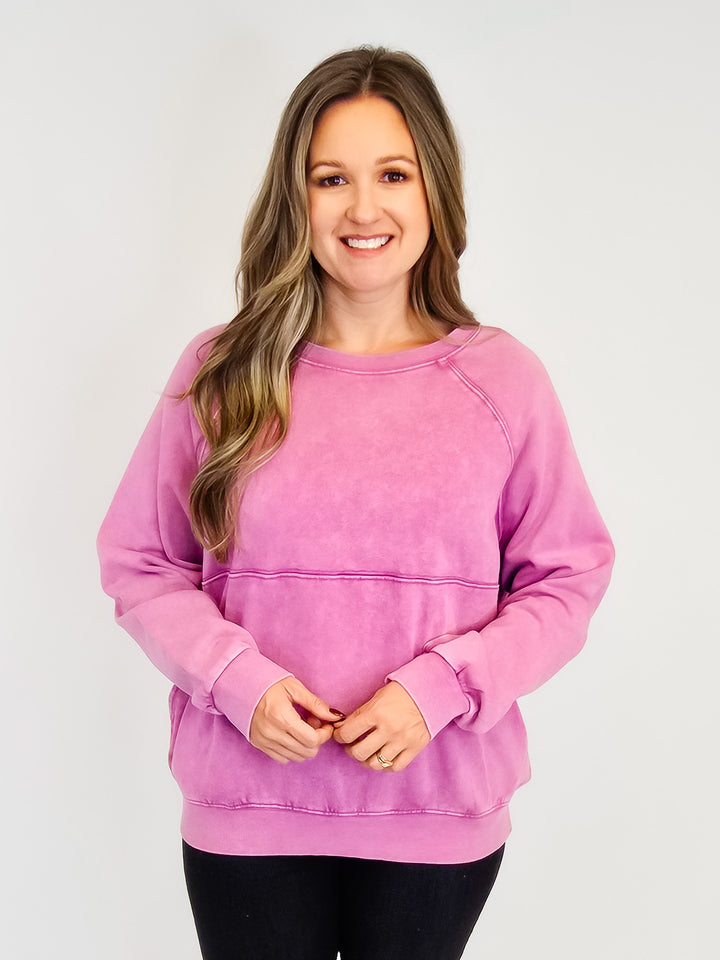 LONG SLEEVE MINERAL WASHED TERRY PULLOVER - ORCHID