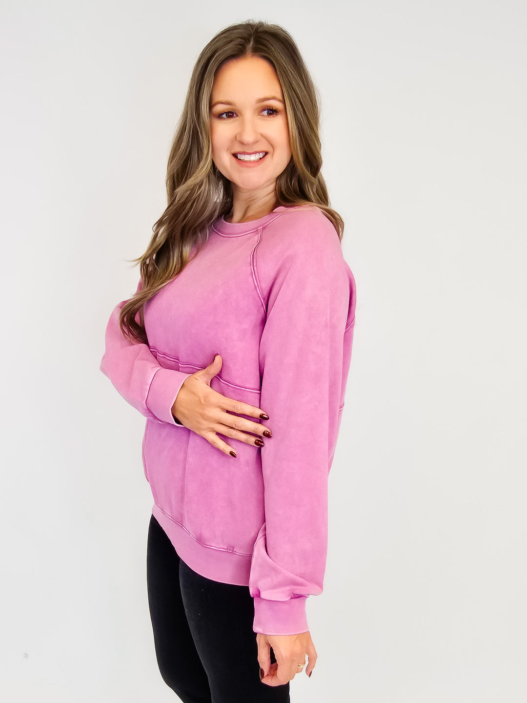 LONG SLEEVE MINERAL WASHED TERRY PULLOVER - ORCHID