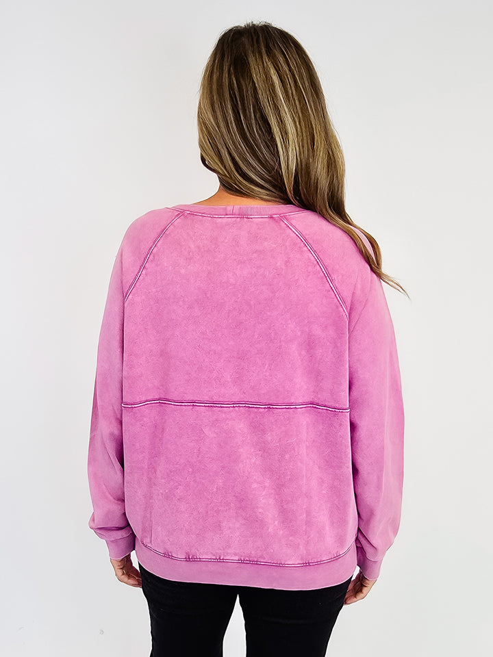 LONG SLEEVE MINERAL WASHED TERRY PULLOVER - ORCHID