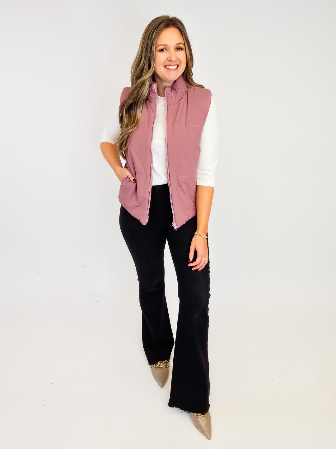 CORDUROY REVERSIBLE PUFFER VEST - ROSE
