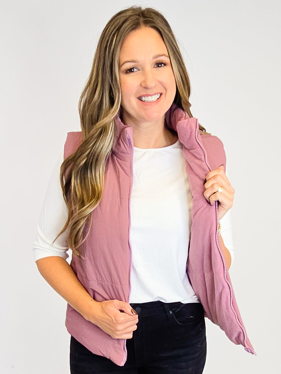 CORDUROY REVERSIBLE PUFFER VEST - ROSE