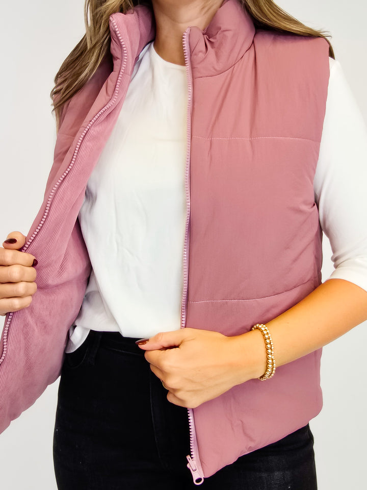 CORDUROY REVERSIBLE PUFFER VEST - ROSE