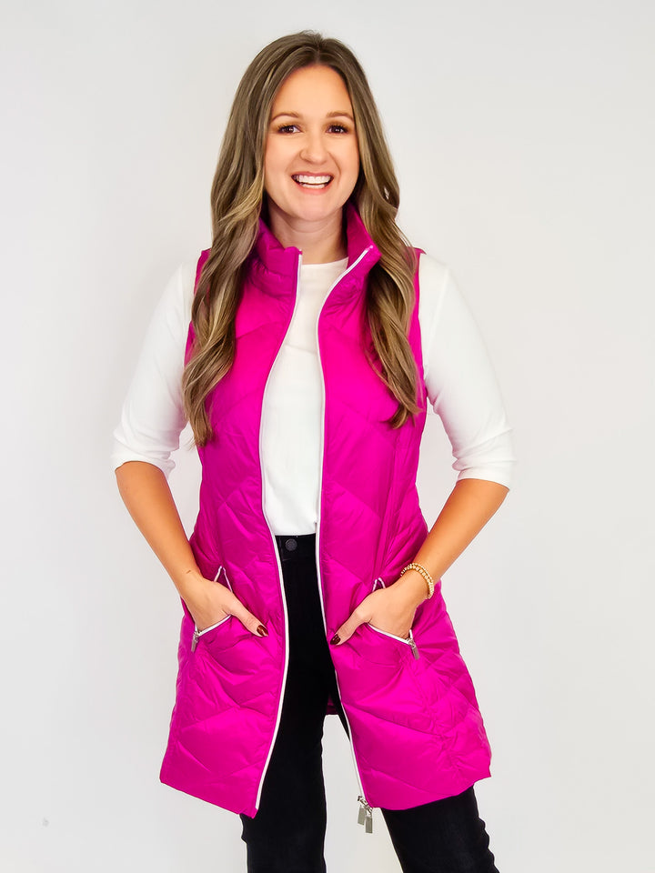 ANORAK CHEVRON QUILTED PACKABLE PUFF VEST W/BAG - HOT PINK