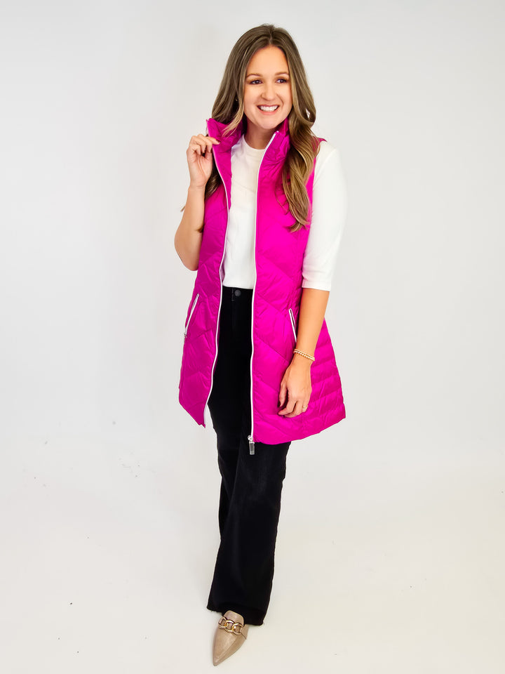 ANORAK CHEVRON QUILTED PACKABLE PUFF VEST W/BAG - HOT PINK