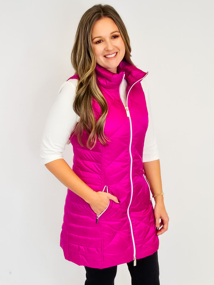 ANORAK CHEVRON QUILTED PACKABLE PUFF VEST W/BAG - HOT PINK
