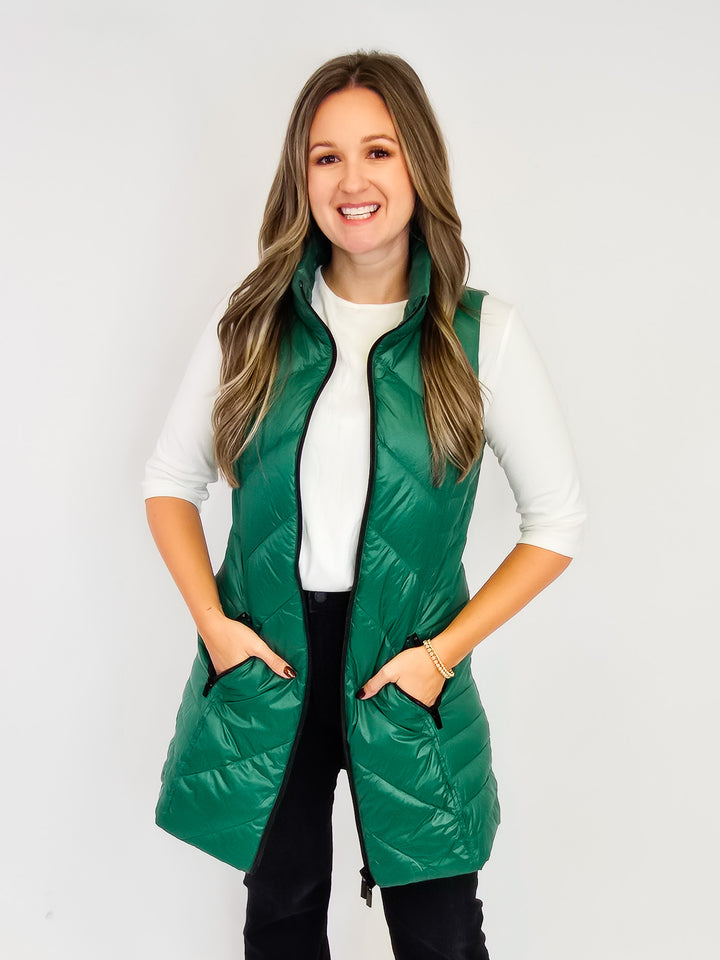 ANORAK CHEVRON QUILTED PACKABLE PUFF VEST W/BAG - EMERALD