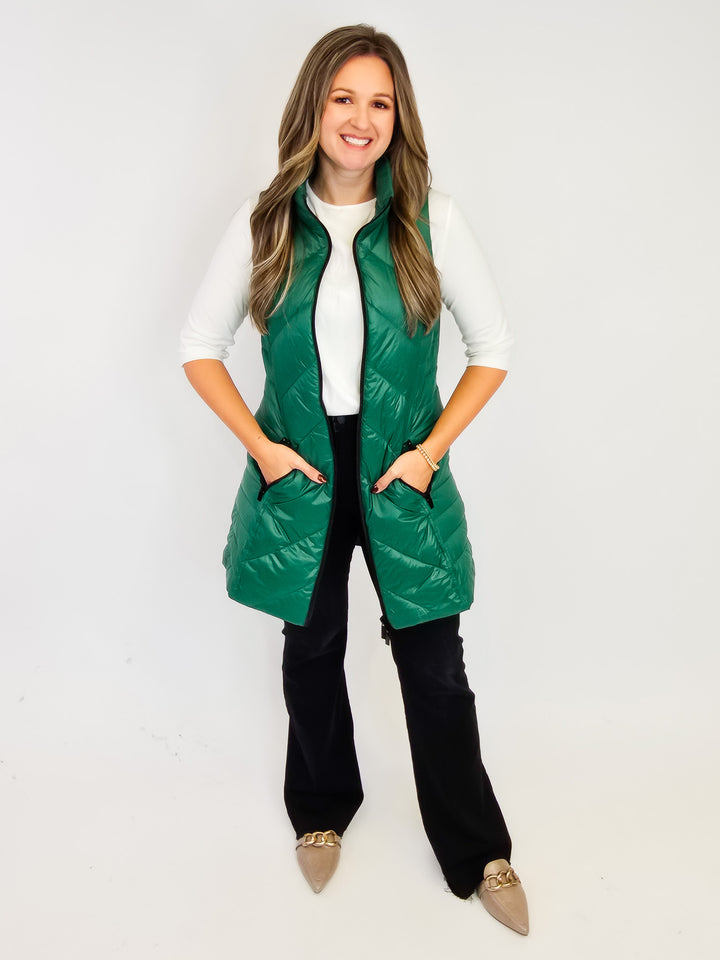 ANORAK CHEVRON QUILTED PACKABLE PUFF VEST W/BAG - EMERALD