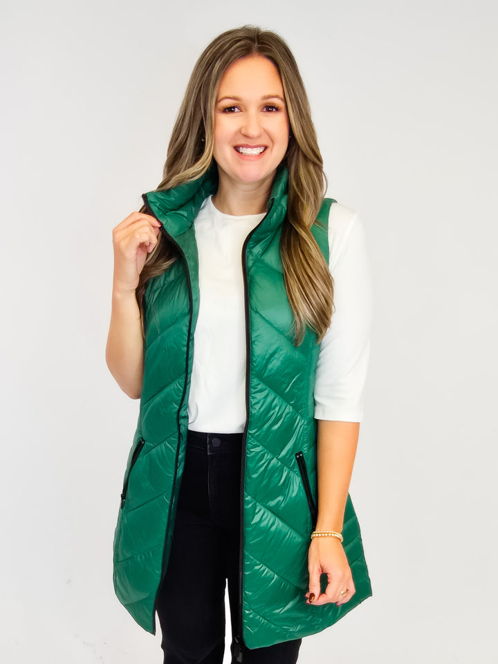 ANORAK CHEVRON QUILTED PACKABLE PUFF VEST W/BAG - EMERALD