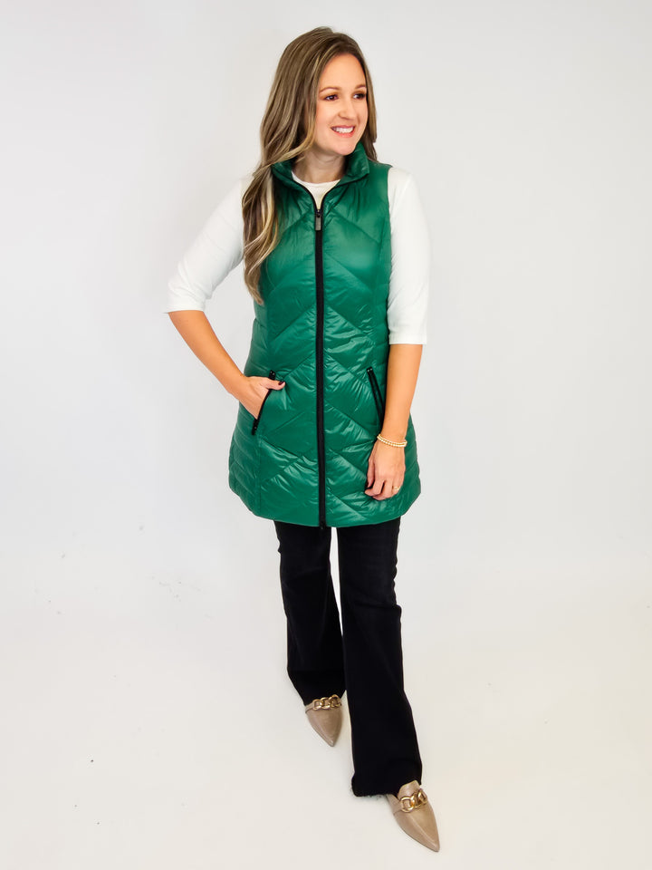 ANORAK CHEVRON QUILTED PACKABLE PUFF VEST W/BAG - EMERALD
