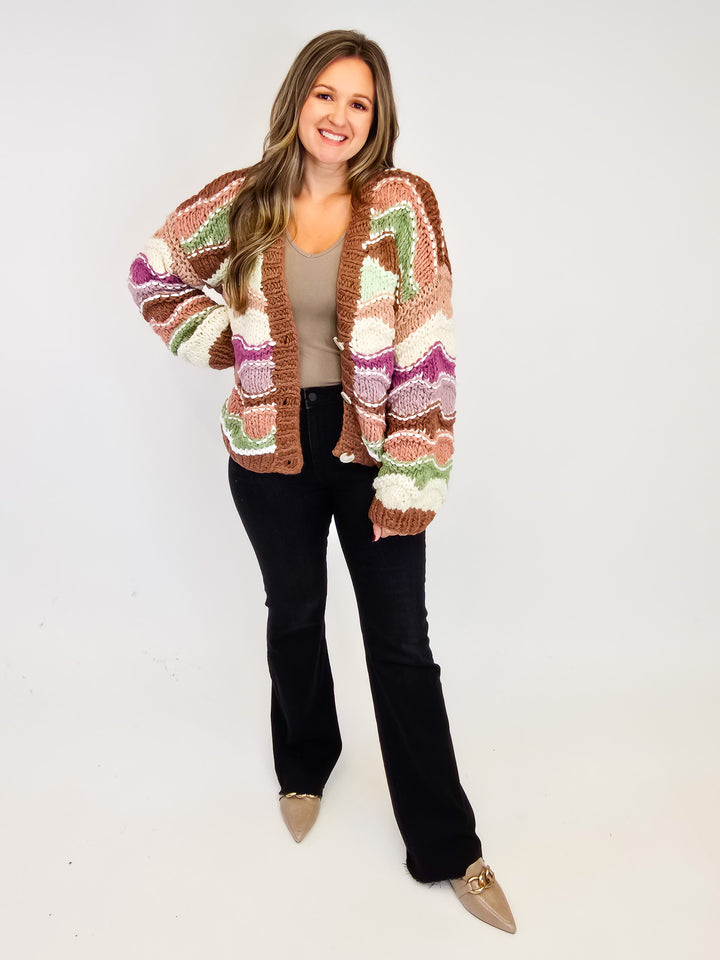 MULTI-STRIPE CHUNKY KNIT CARDIGAN - BROWN MIX