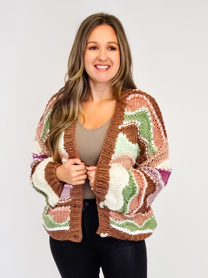MULTI-STRIPE CHUNKY KNIT CARDIGAN - BROWN MIX