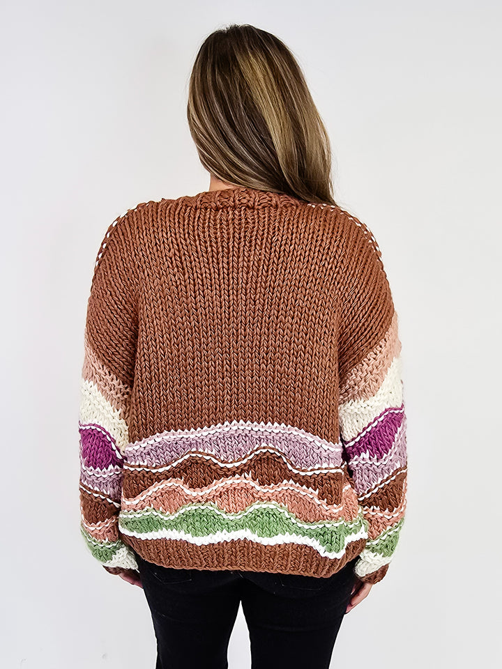 MULTI-STRIPE CHUNKY KNIT CARDIGAN - BROWN MIX