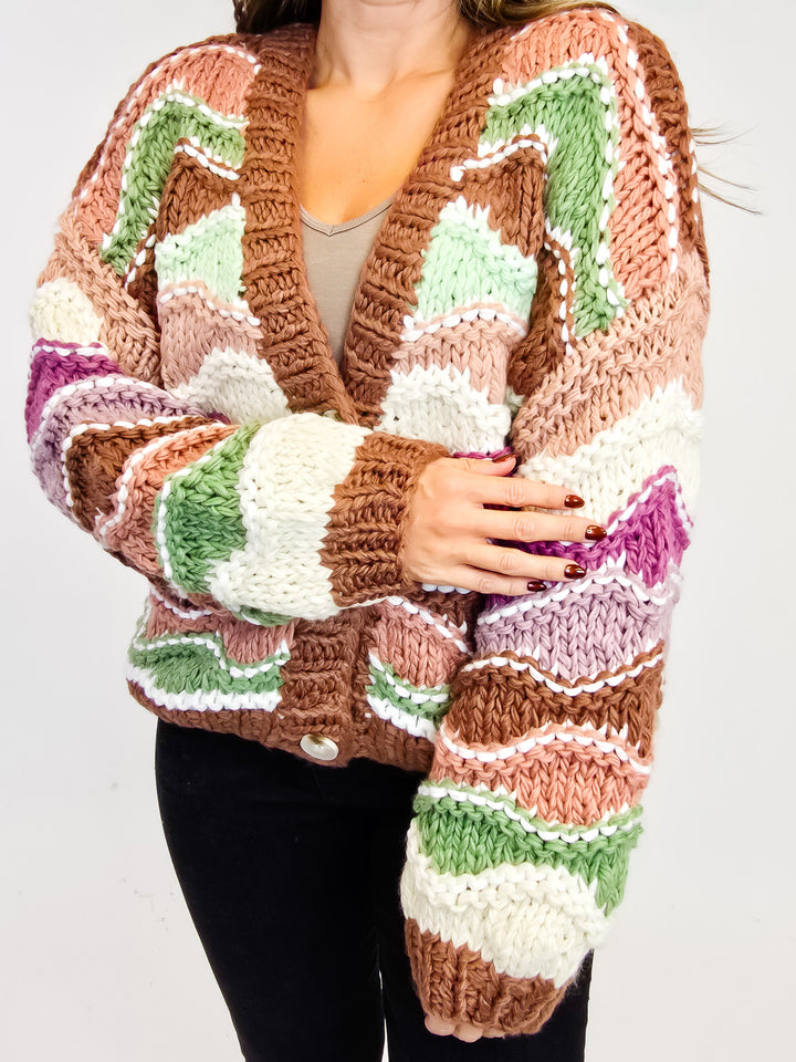 MULTI-STRIPE CHUNKY KNIT CARDIGAN - BROWN MIX