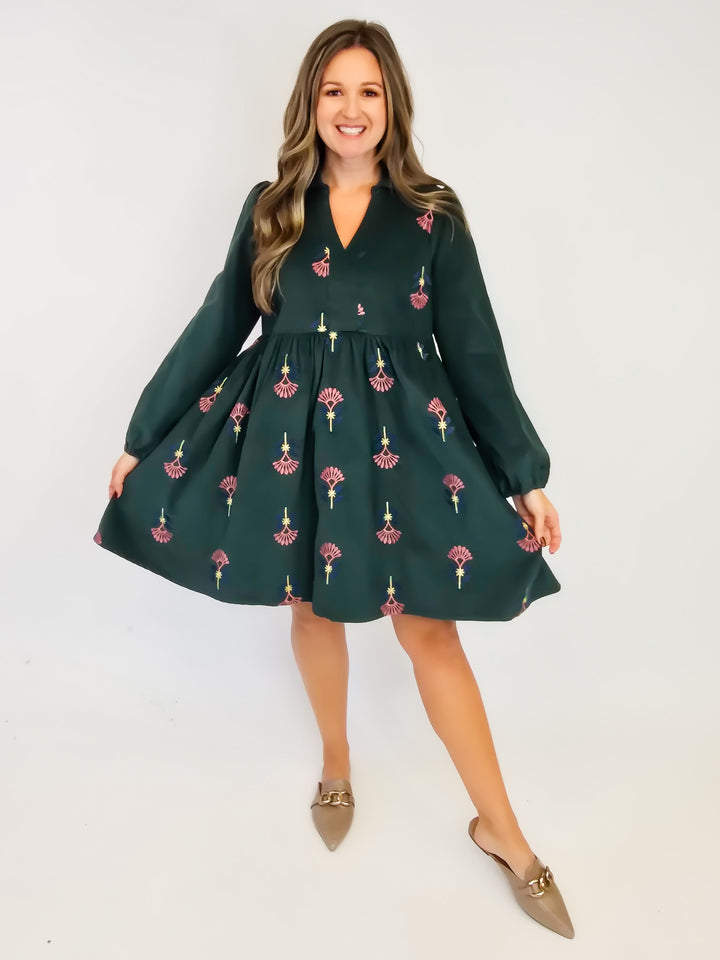 CORDUROY EMBROIDERED BABY DOLL DRESS - PINE TREE