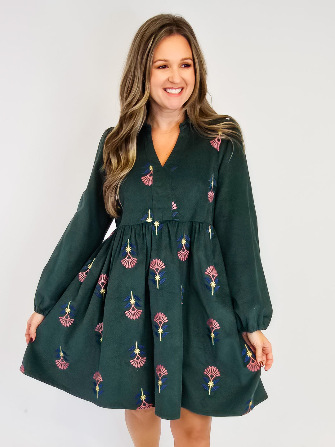 CORDUROY EMBROIDERED BABY DOLL DRESS - PINE TREE