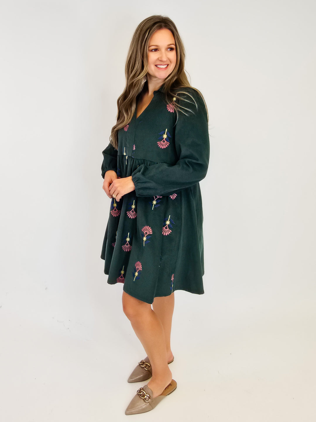 CORDUROY EMBROIDERED BABY DOLL DRESS - PINE TREE