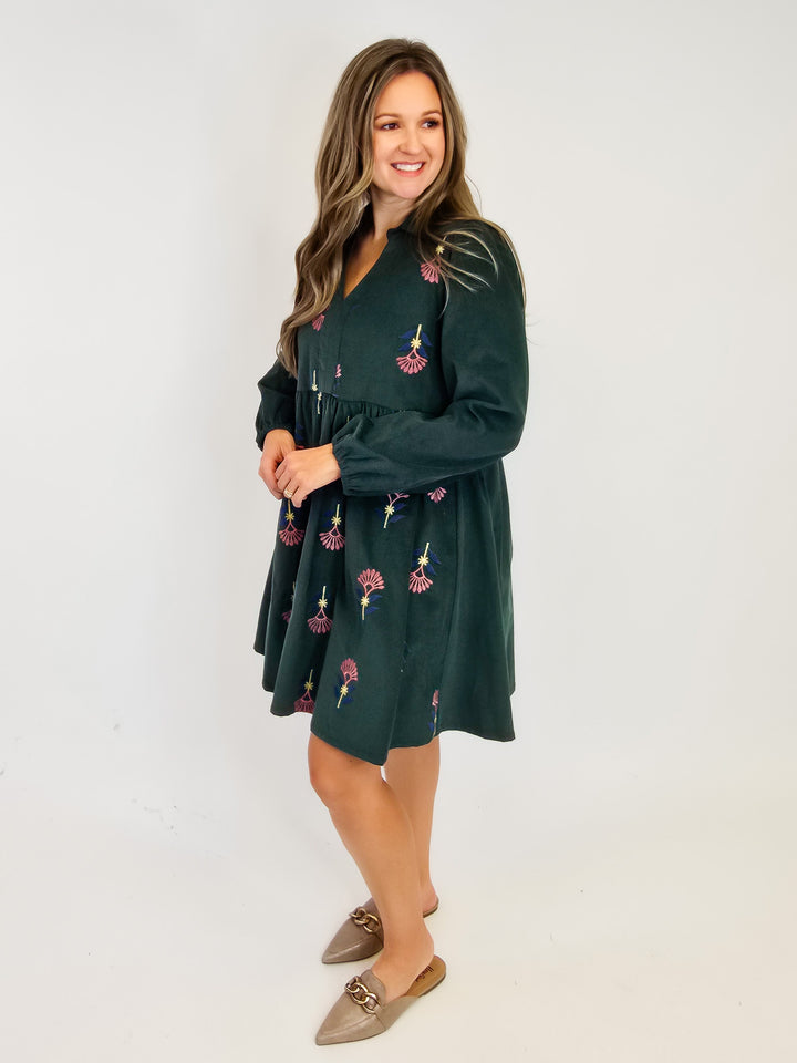 CORDUROY EMBROIDERED BABY DOLL DRESS - PINE TREE