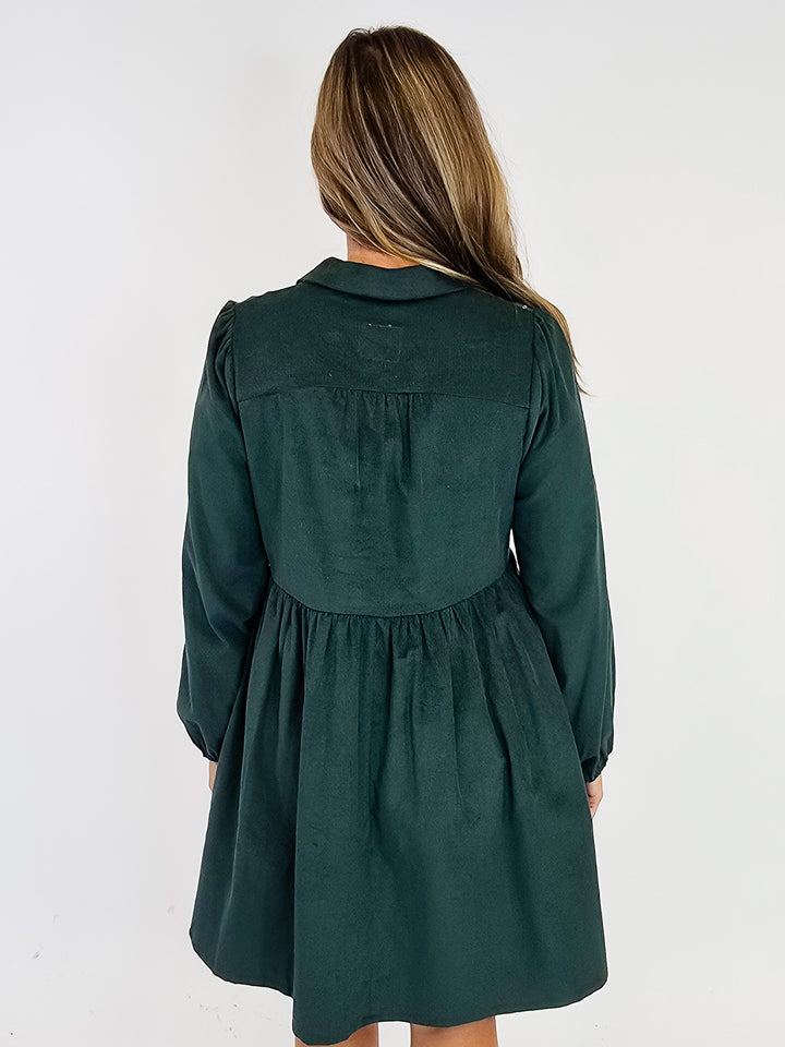 CORDUROY EMBROIDERED BABY DOLL DRESS - PINE TREE