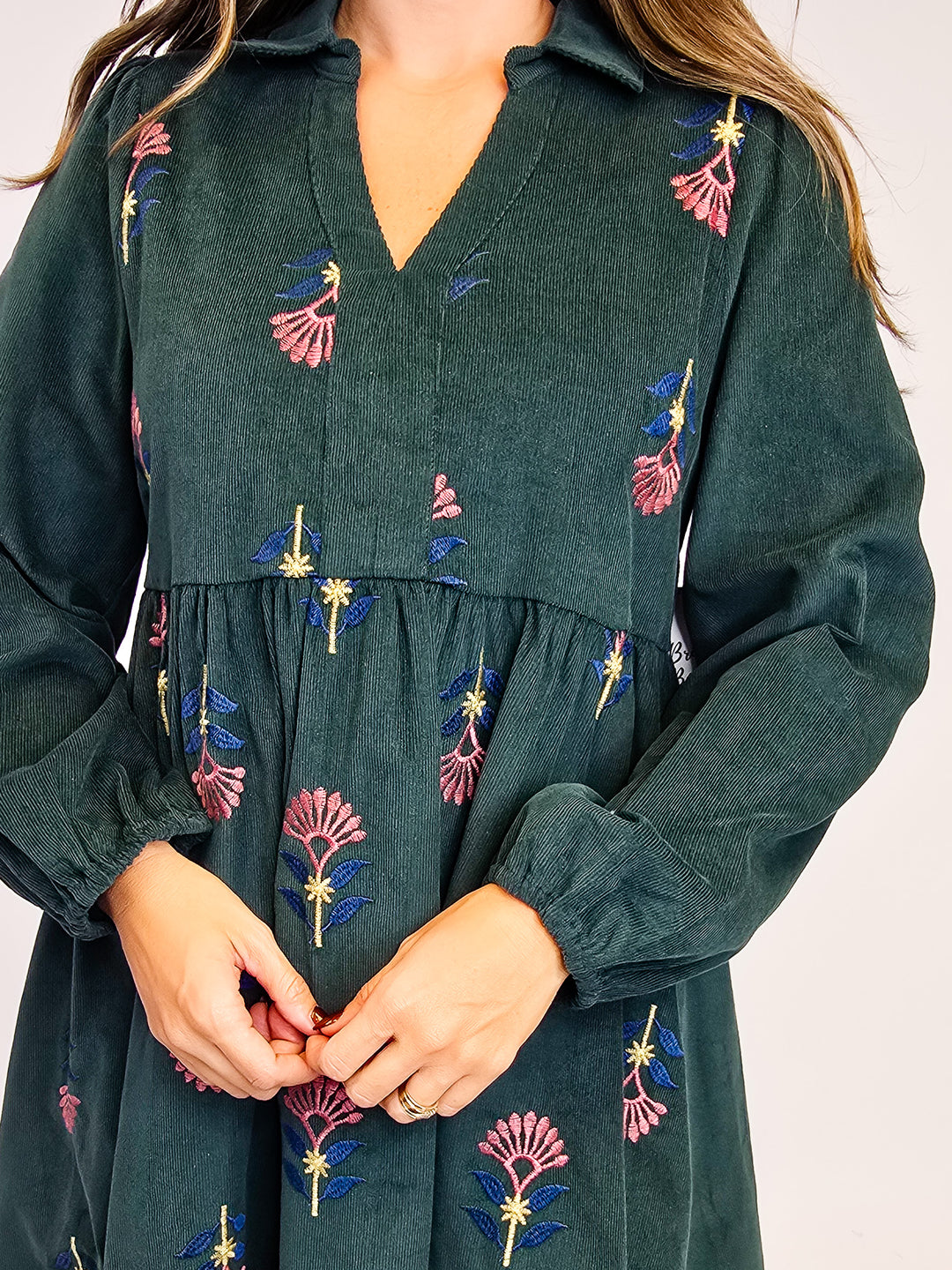 CORDUROY EMBROIDERED BABY DOLL DRESS - PINE TREE
