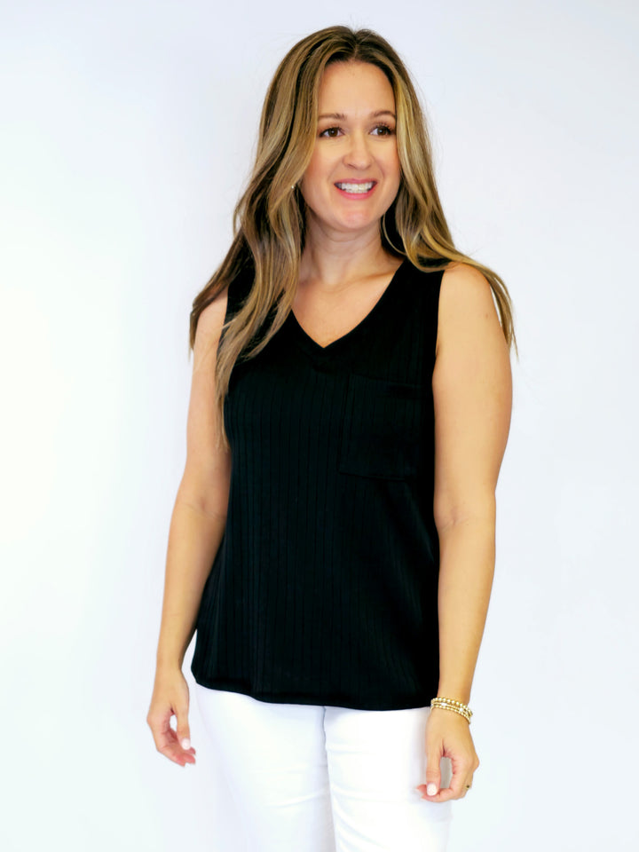 RIBBED V-NECK TANK TOP - BLACK