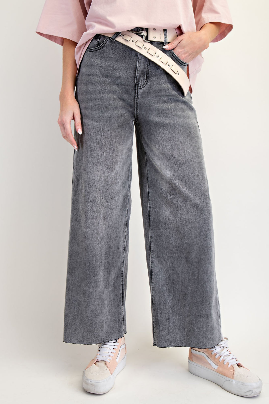 SOFT WASHED STRETCH DENIM WIDE LEG PANTS - BLACK DENIM
