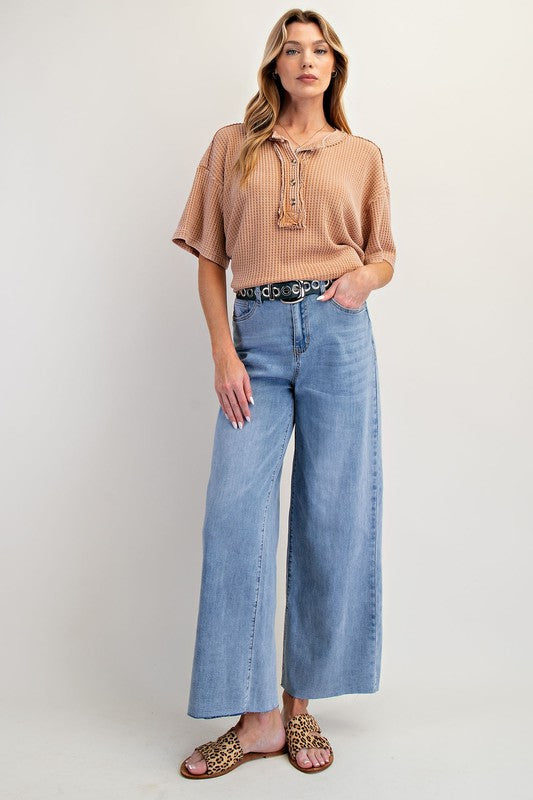 SOFT WASHED STRETCH DENIM WIDE LEG PANTS - WASHED DENIM