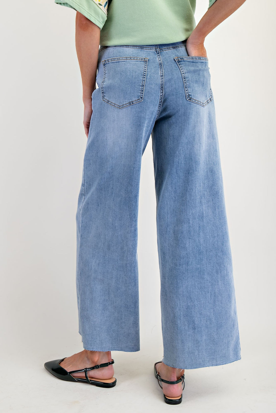 SOFT WASHED STRETCH DENIM WIDE LEG PANTS - WASHED DENIM