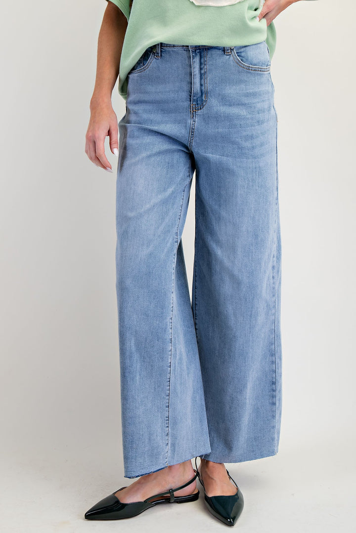 SOFT WASHED STRETCH DENIM WIDE LEG PANTS - WASHED DENIM