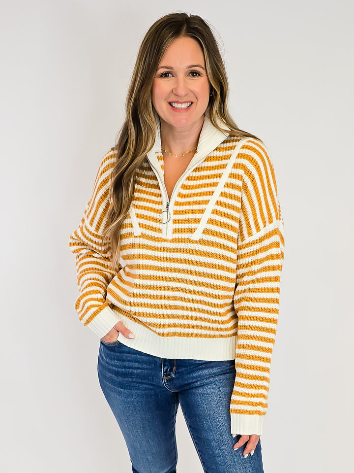 PREPPY HALF ZIP STRIPED SWEATER - CAMEL