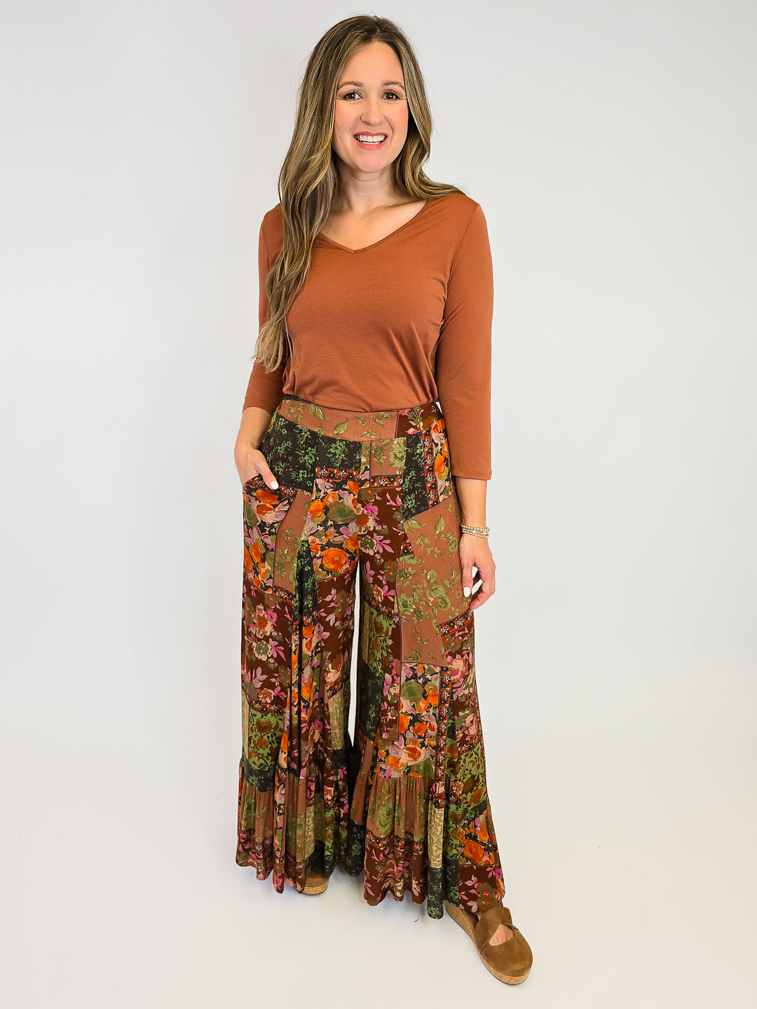 PATCH PRINTED GAUZE PALAZZO PANTS - OLIVE