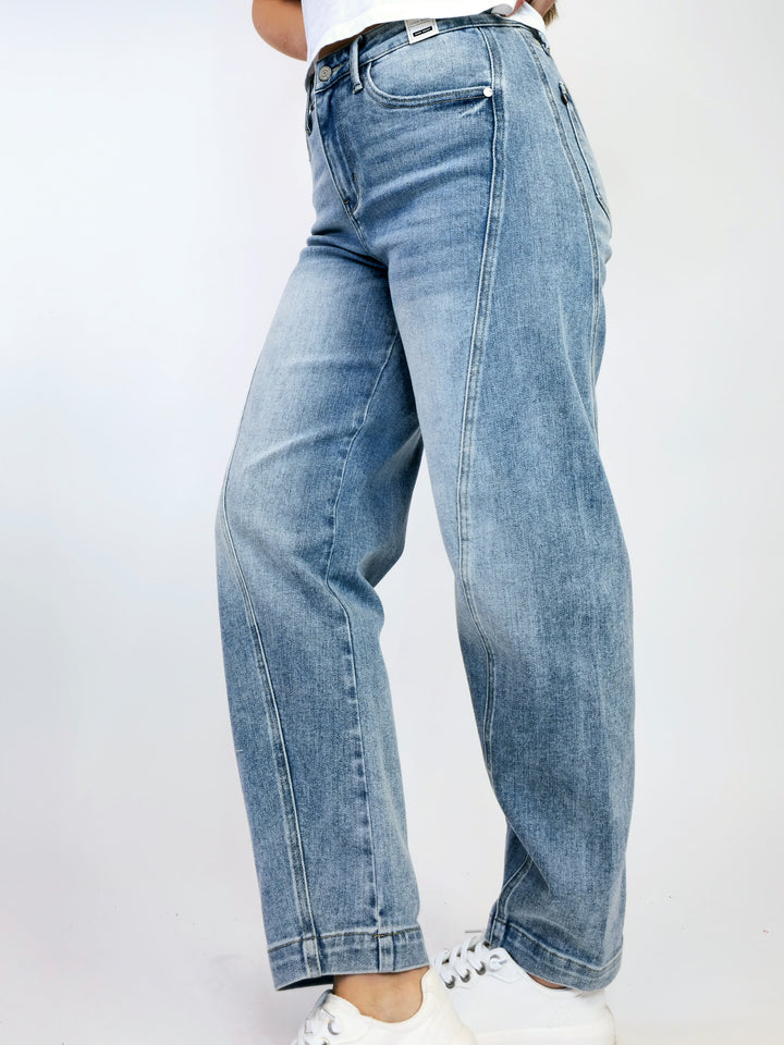 JUDY BLUE HW SIDE PANEL BARREL LEG JEANS - MEDIUM -29" INSEAM