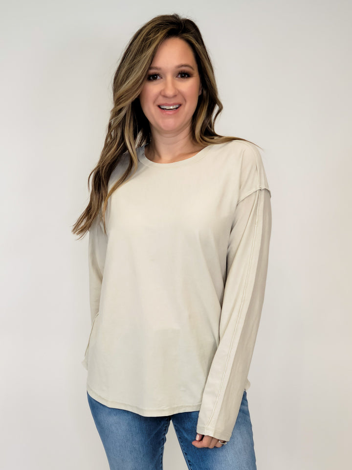 MINERAL WASHED COTTON JERSEY KNIT TOP - ECRU