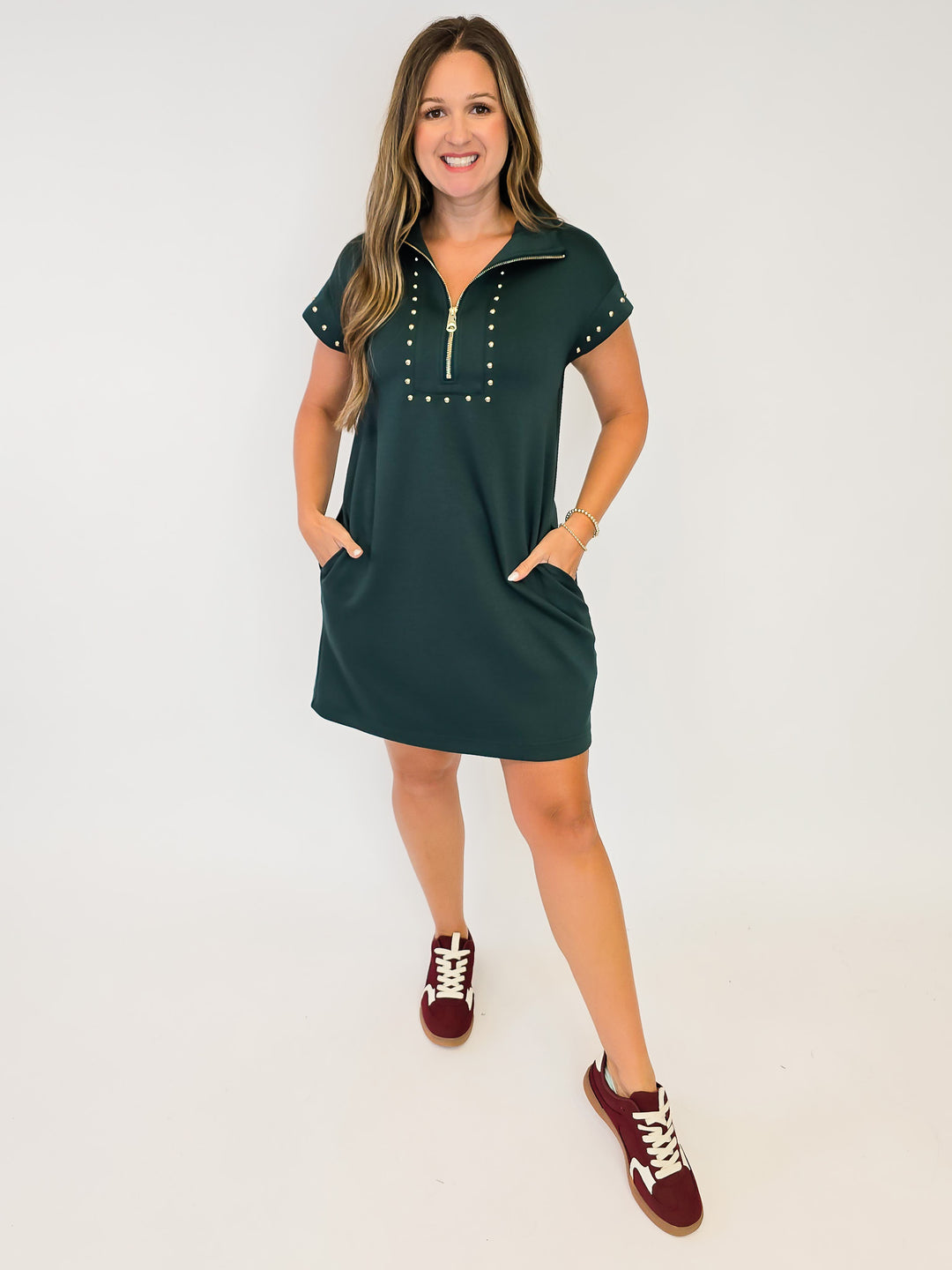 COLLARED CAP SLEEVE SHORT DRESS W/STUD DETAIL - DARK GREEN