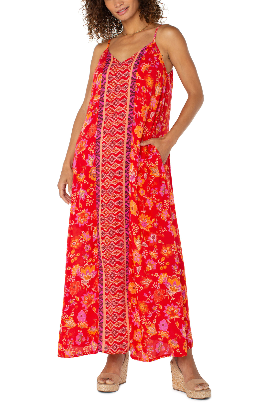 SPAGHETTI STRAP WOVEN MAXI DRESS - RED ORANGE FLORAL
