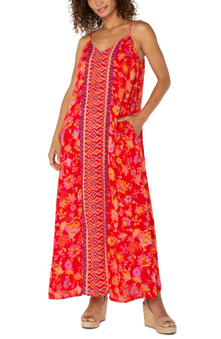 SPAGHETTI STRAP WOVEN MAXI DRESS - RED ORANGE FLORAL