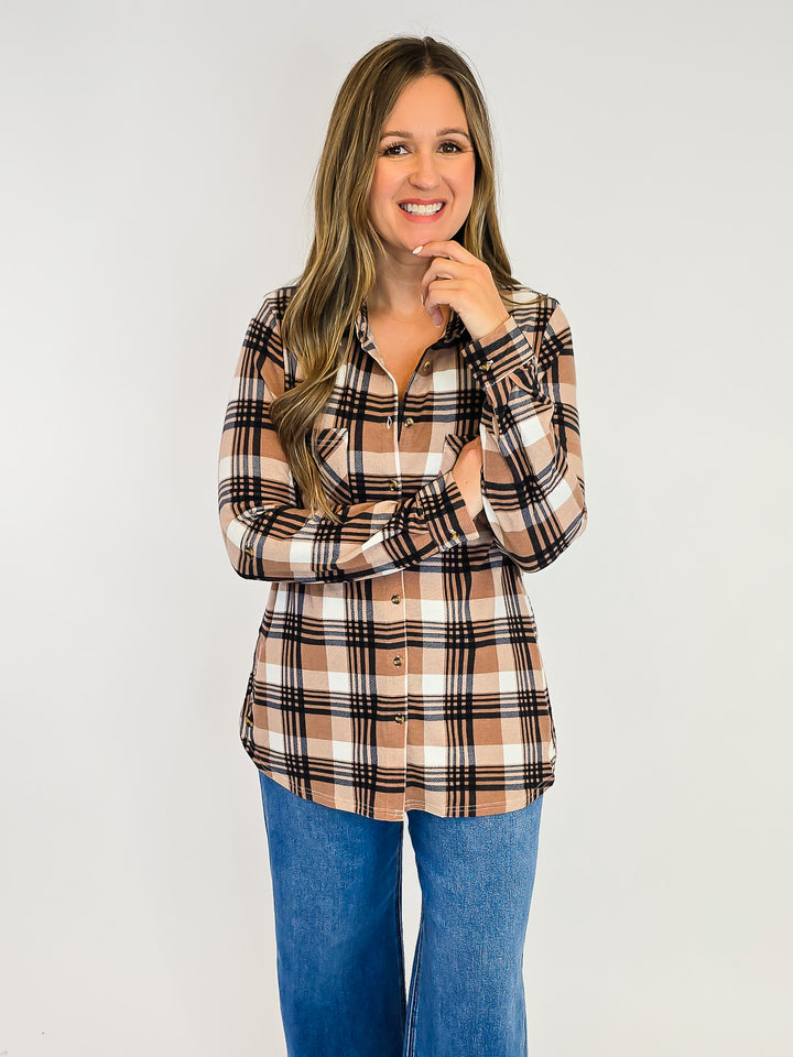 PLAID COLLARED SOFT BUTTON DOWN SHIRT - TAN/BLACK