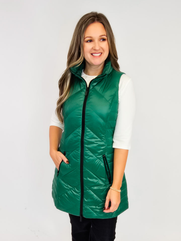 ANORAK CHEVRON QUILTED PACKABLE PUFF VEST W/BAG - EMERALD