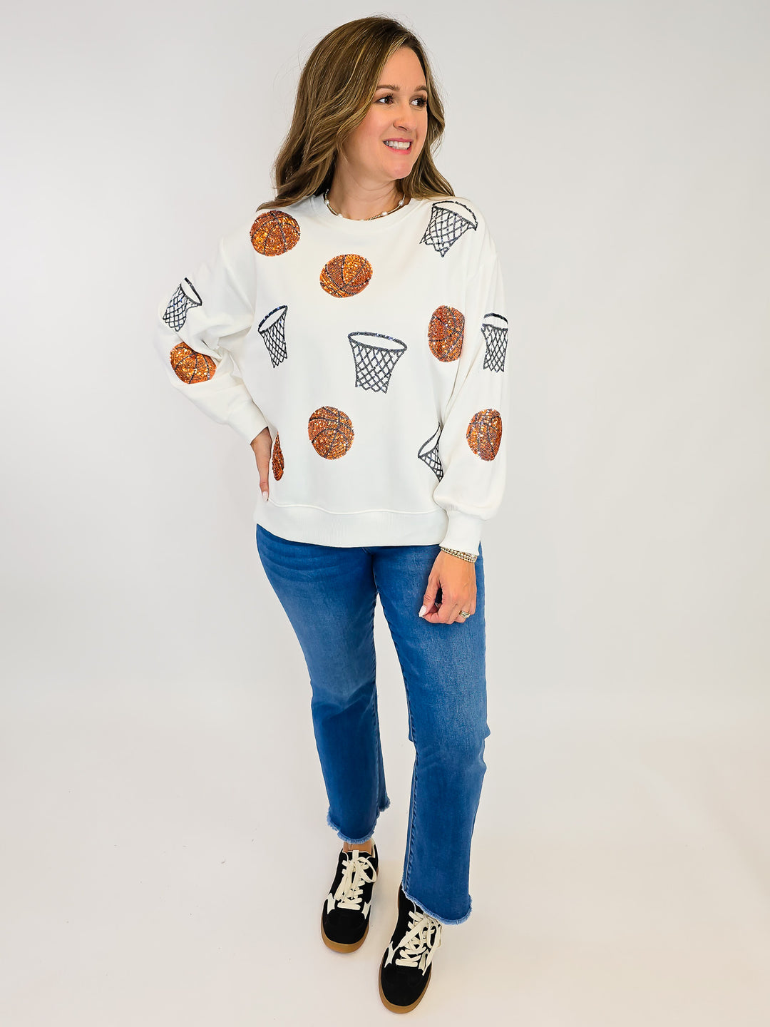3/4 SLEEVE SARAH SEQUIN BASKETBALL SWEATSHIRT - WHITE