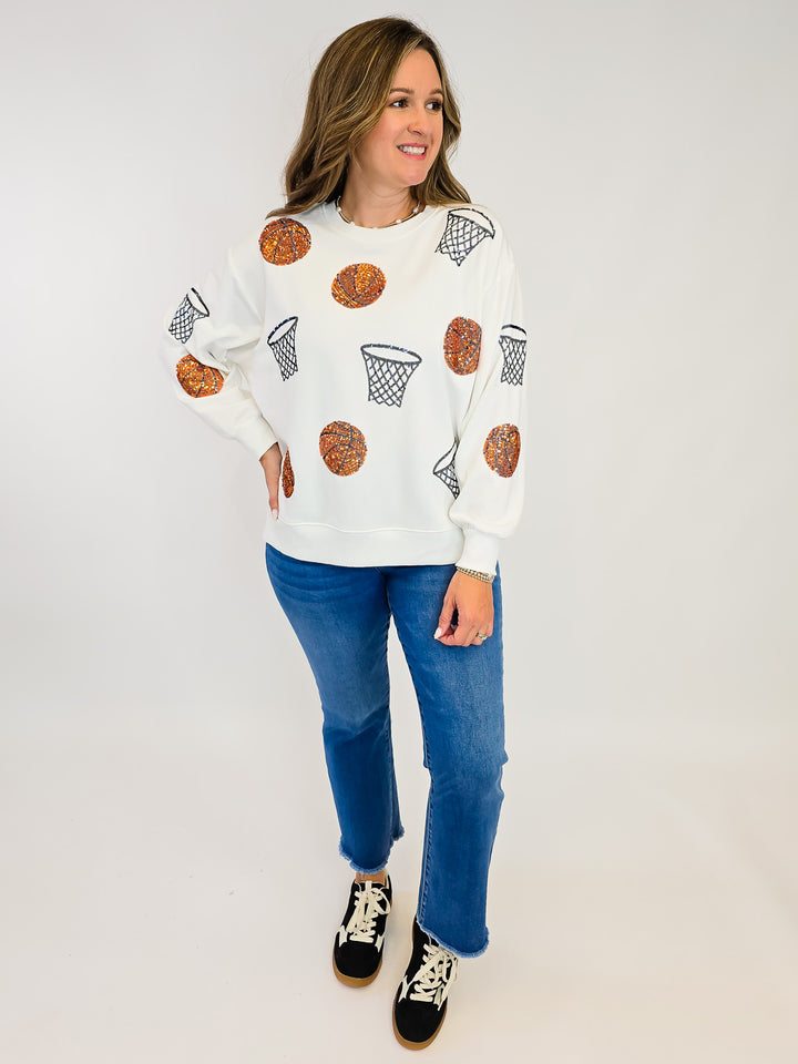 3/4 SLEEVE SARAH SEQUIN BASKETBALL SWEATSHIRT - WHITE
