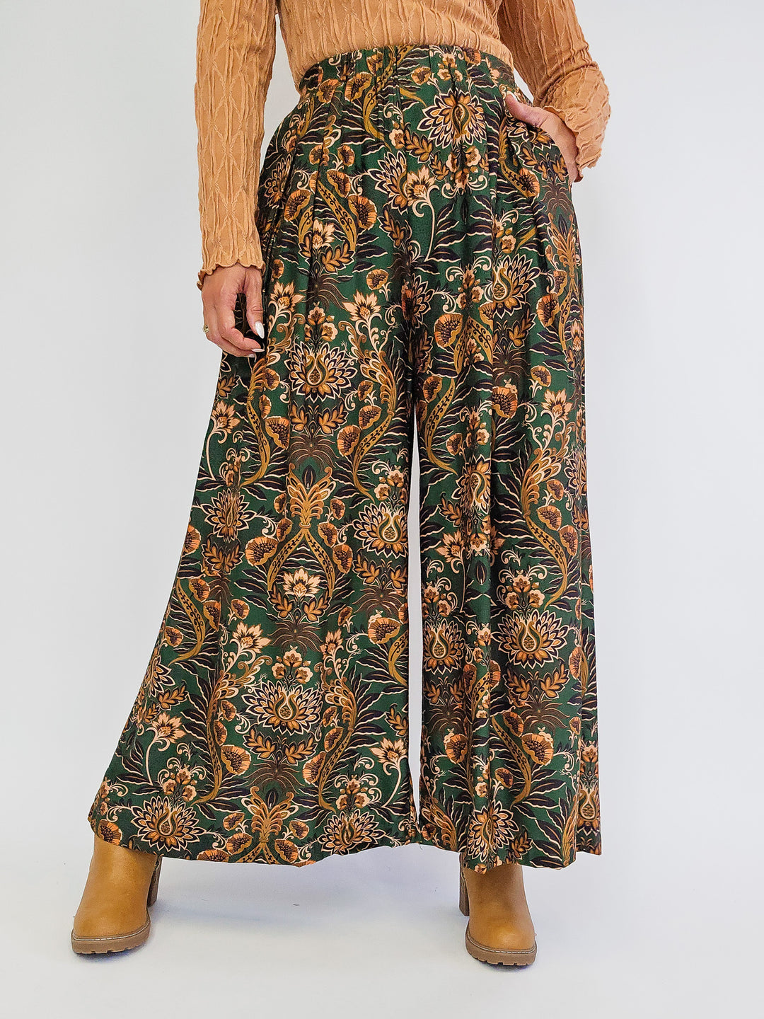 FLORAL PRINT WIDE LEG PALAZZO PANTS - OLIVE MIX