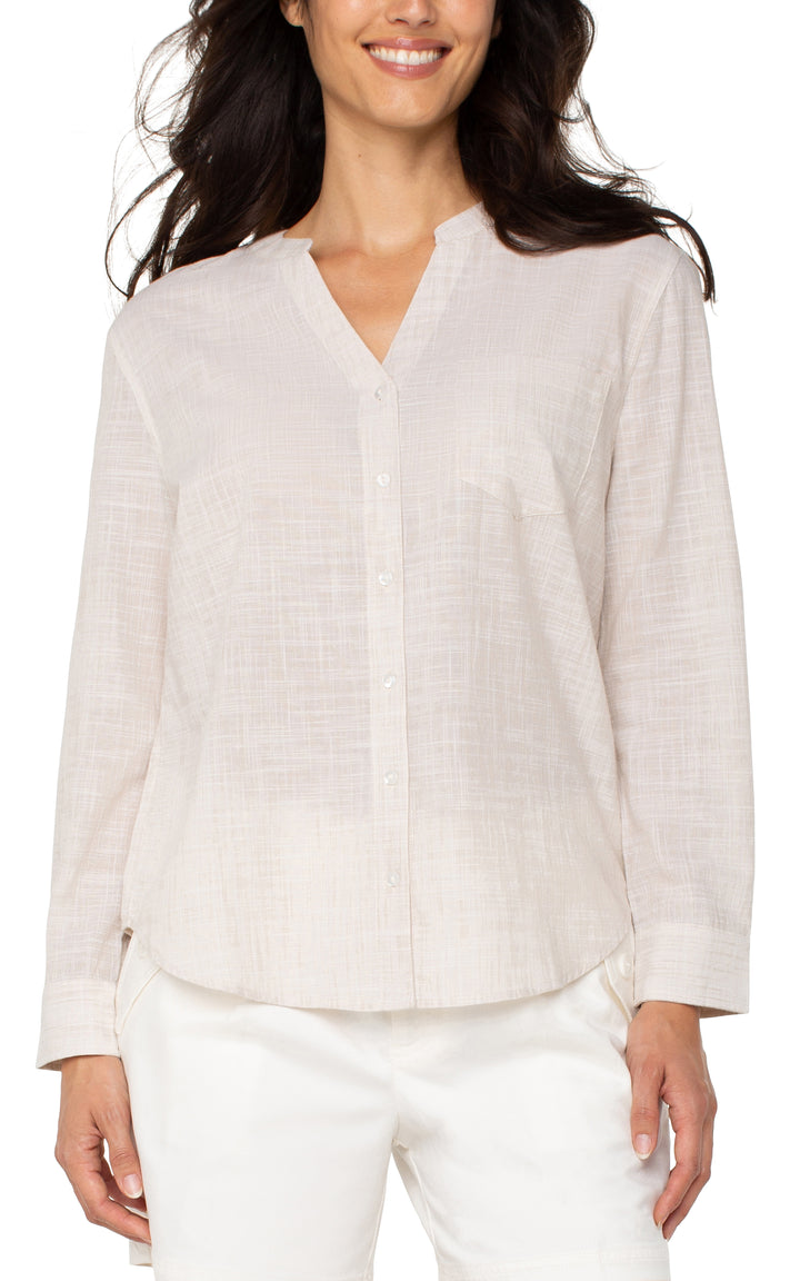 L/S BUTTON FRONT WOVEN SHIRT - LIGHT TAN/WHITE