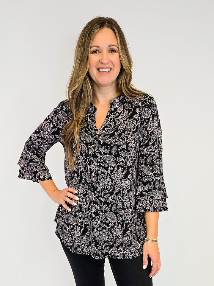 DEAR SCARLETT BELL SLEEVE LIZZY TOP - BLACK PAISLEY