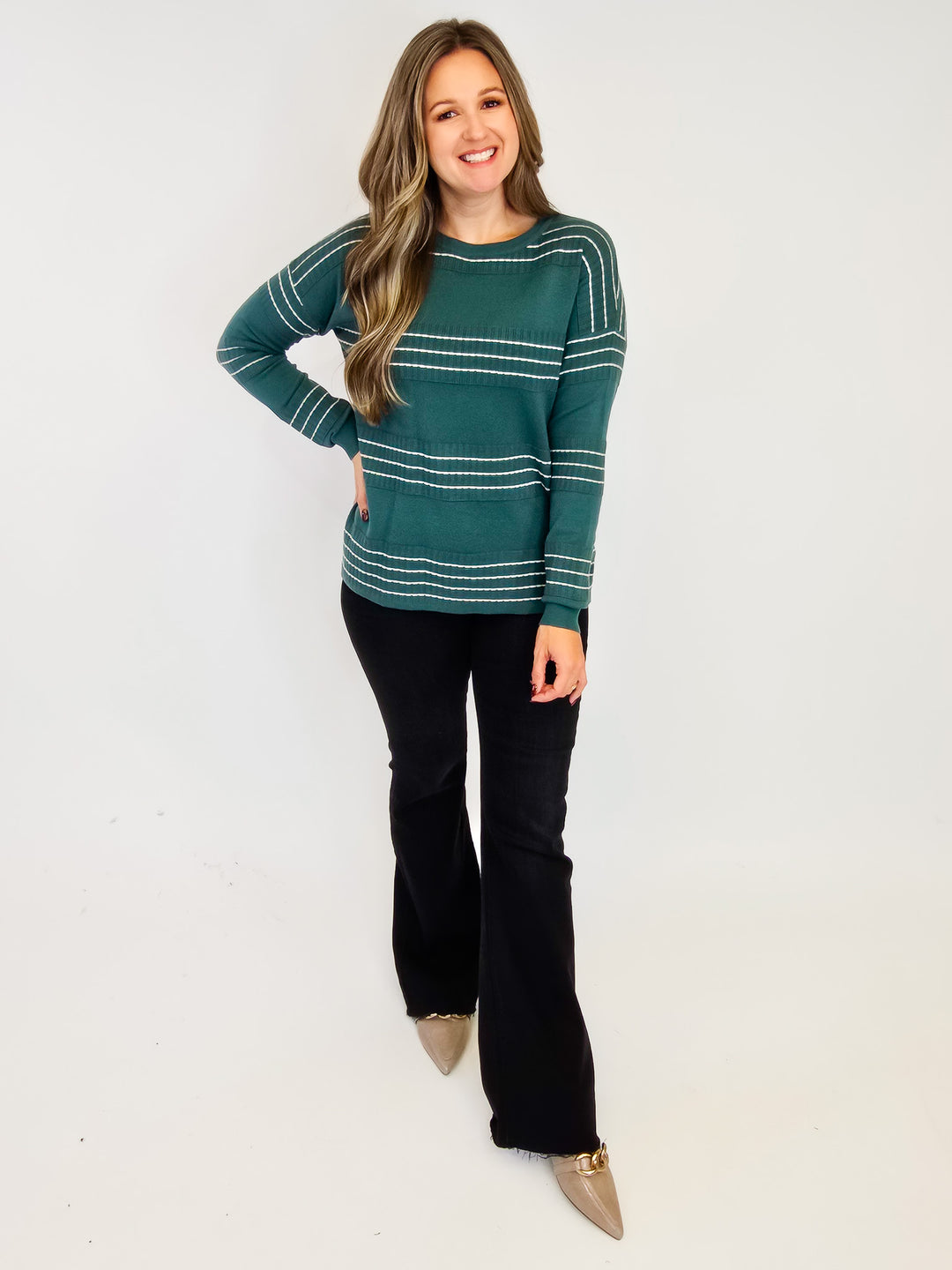 STITCH STRIPED LONG SLEEVE SWEATER - DARK JADE