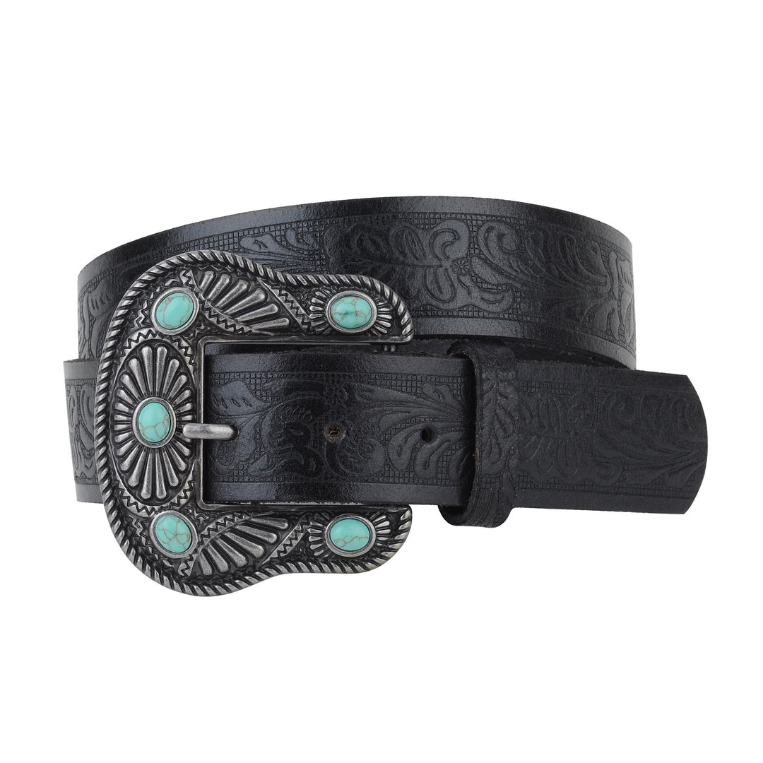 FLORAL TOOLED BELT W/ TURQUOISE STUDDED BUCKLE