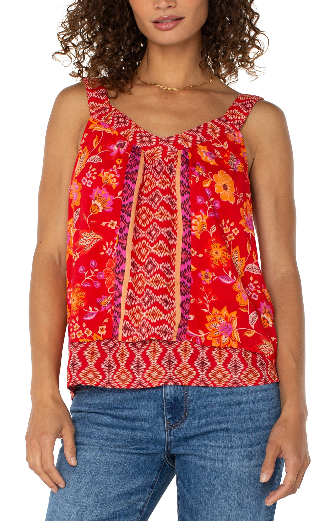SLEEVELESS V-NECK WOVEN TANK W/SMOCKING - RED ORANGE
