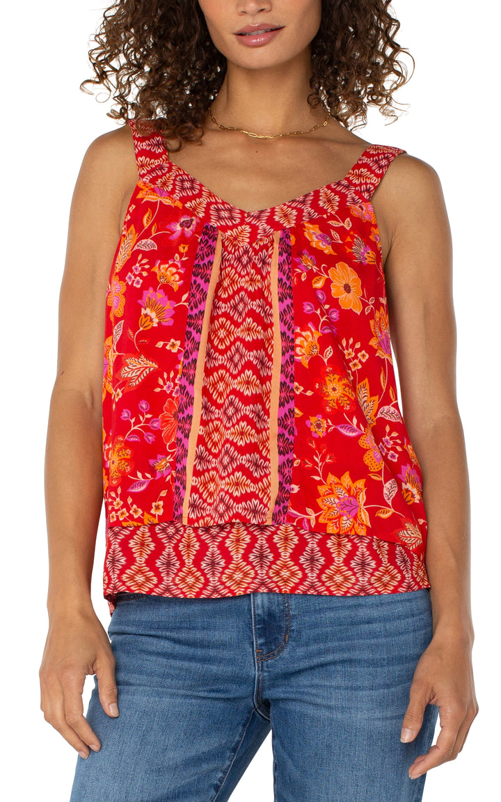 SLEEVELESS V-NECK WOVEN TANK W/SMOCKING - RED ORANGE
