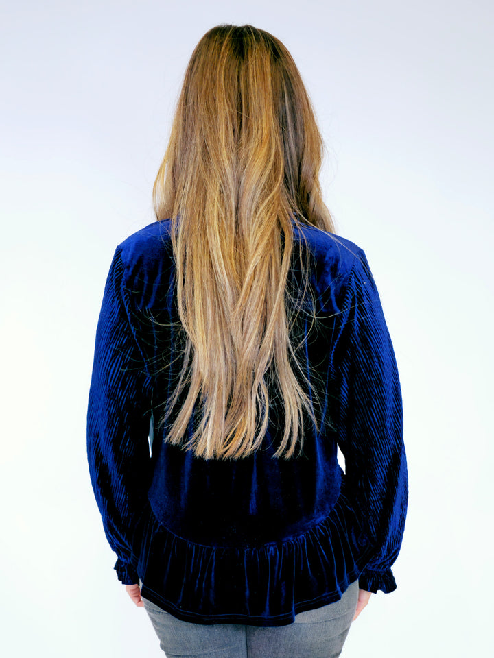 VELVET RIBBED SLEEVE V-NECK TIE TOP - NAVY