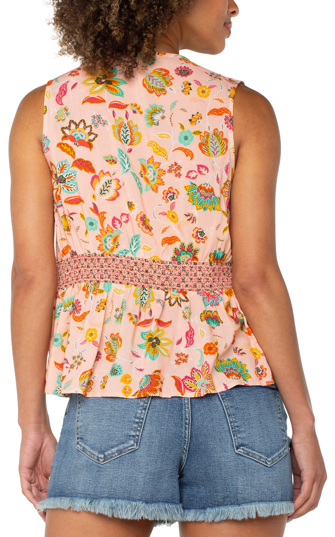 SLEEVELESS WOVEN TOP W/SMOCKED WAIST - PINK/GREEN
