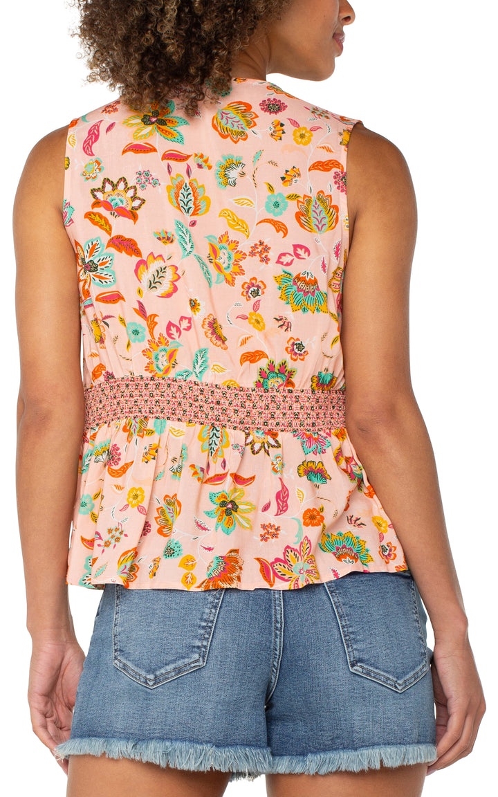 SLEEVELESS WOVEN TOP W/SMOCKED WAIST - PINK/GREEN